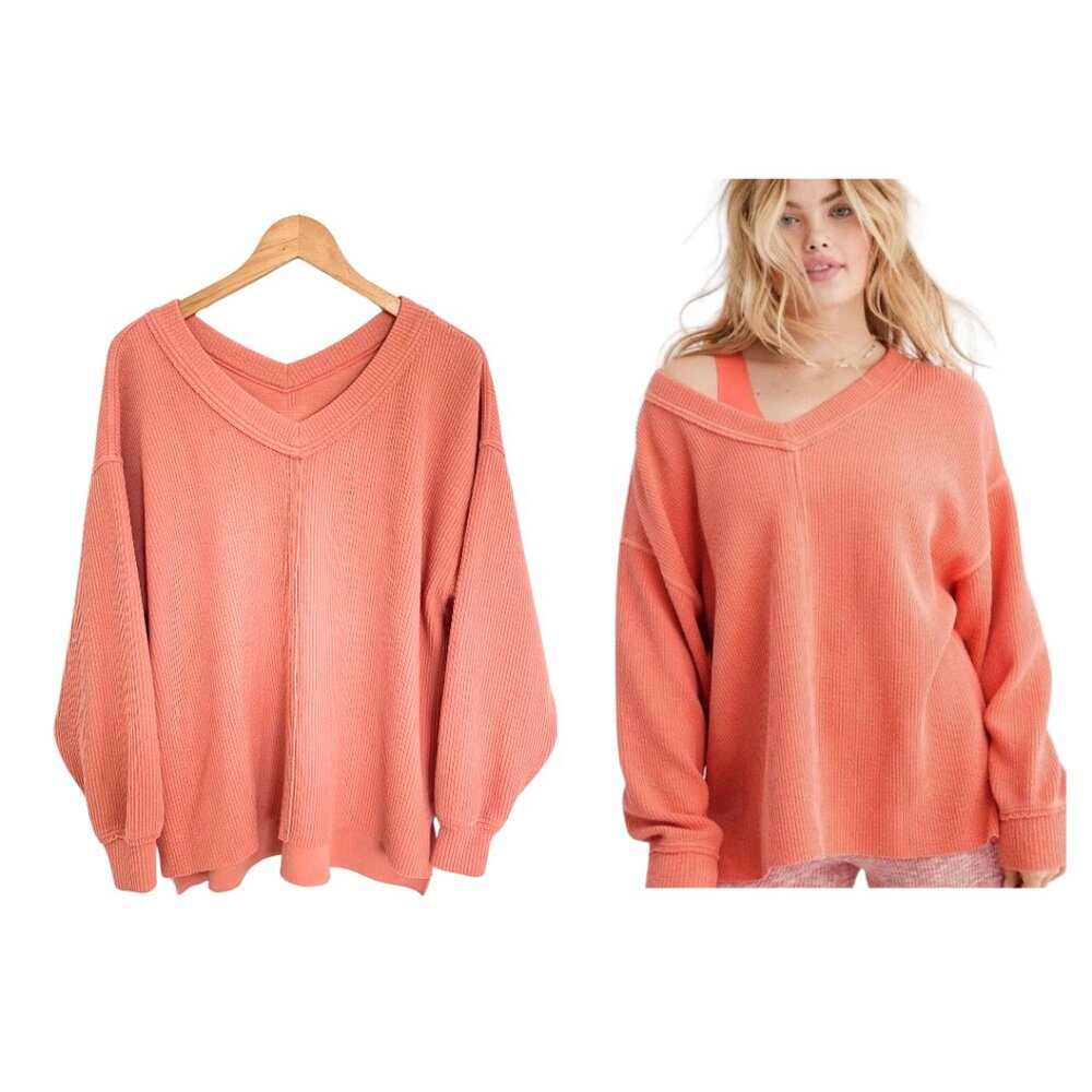 Aerie Shirt Women Small Wonder Textured V-Neck Sweatshirt Saturn Peach 0743-3065